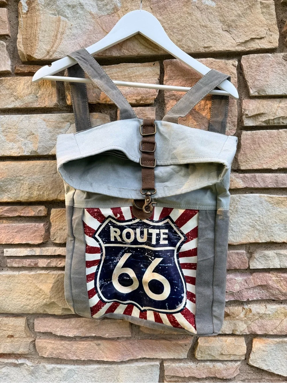 Canvas & leather Route 66 Backpack -Gray made w/all recycled material